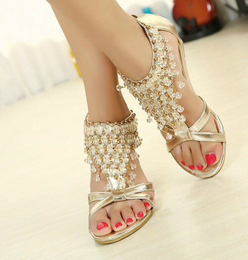 Gold Wedding Shoes Low Heel
 Gold Womens Gladiator Low Heel Wedge Ankle Strap Flats