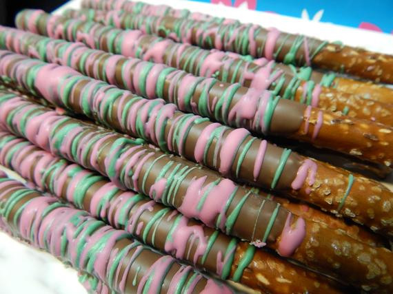 Gourmet Chocolate Covered Pretzels Recipe
 Gourmet Chocolate Covered Pretzel Rods with Pink & Green