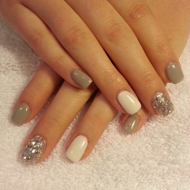 Gray Glitter Nails
 Gray and white gel with silver glitter