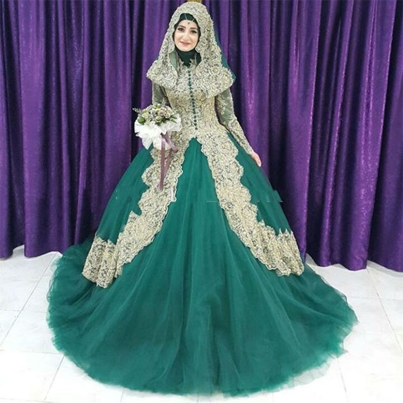 Green Wedding Gowns
 Muslim Women Dark Green Ball Gown Wedding Dresses 2017
