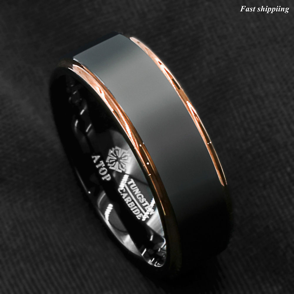 Guy Wedding Rings
 Tungsten Carbide ring rose gold black brushed Wedding Band