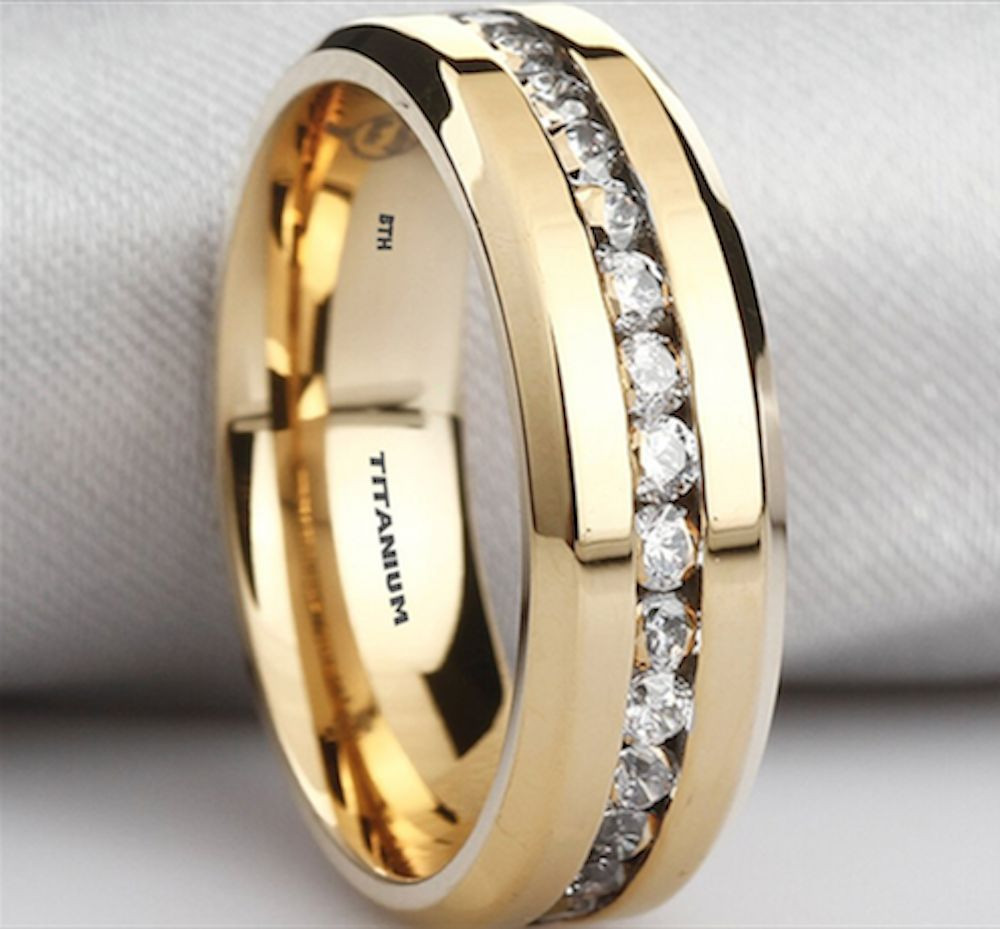 Guy Wedding Rings
 New Boxed Mens Created Diamonds Titanium Gold Gp Wedding