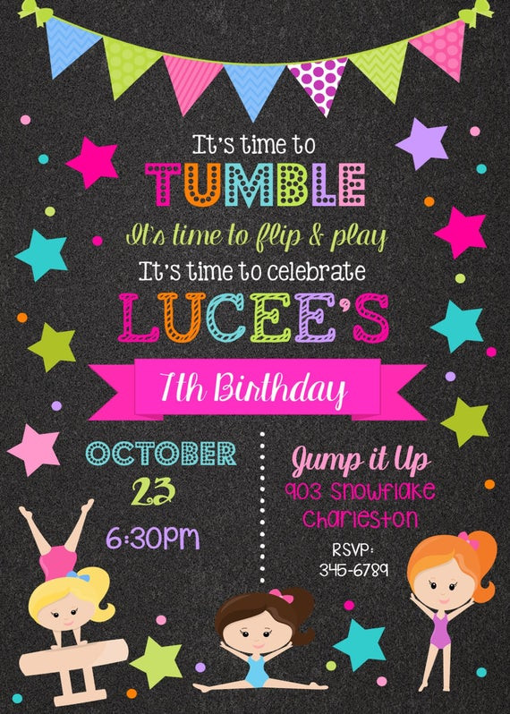 Gymnastics Birthday Party Invitations
 Gymnastics Birthday Party invitations printable or digital