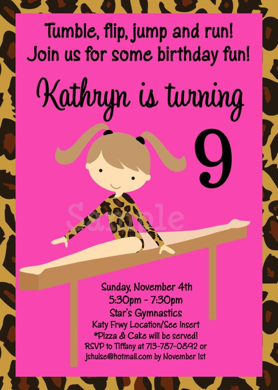 Gymnastics Birthday Party Invitations
 Gymnastics Birthday Invitation Hot Pink Leopard by