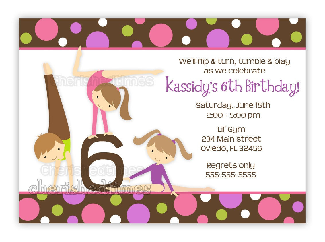 Gymnastics Birthday Party Invitations
 Gymnastics Girl Birthday Party Invitation With Picture or