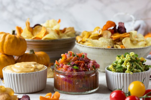 Halloween Dips And Spreads
 Halloween crisps and autumnal dips in spooky pumpkin bowls