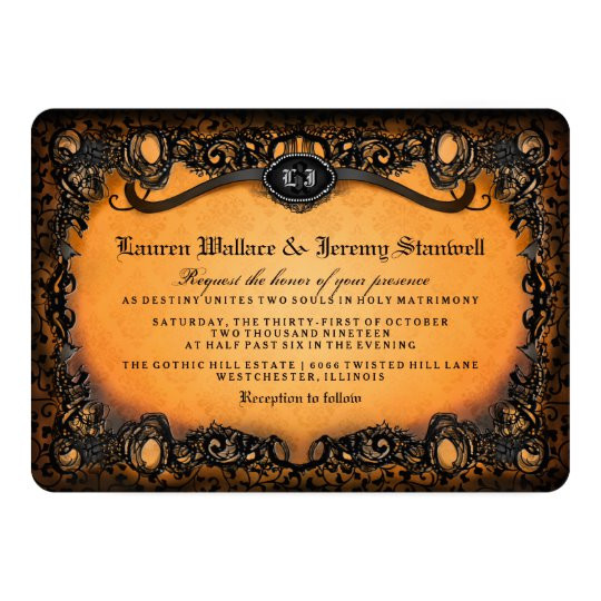 Halloween Wedding Invitations
 Orange Black Elegant Halloween Wedding Invitation