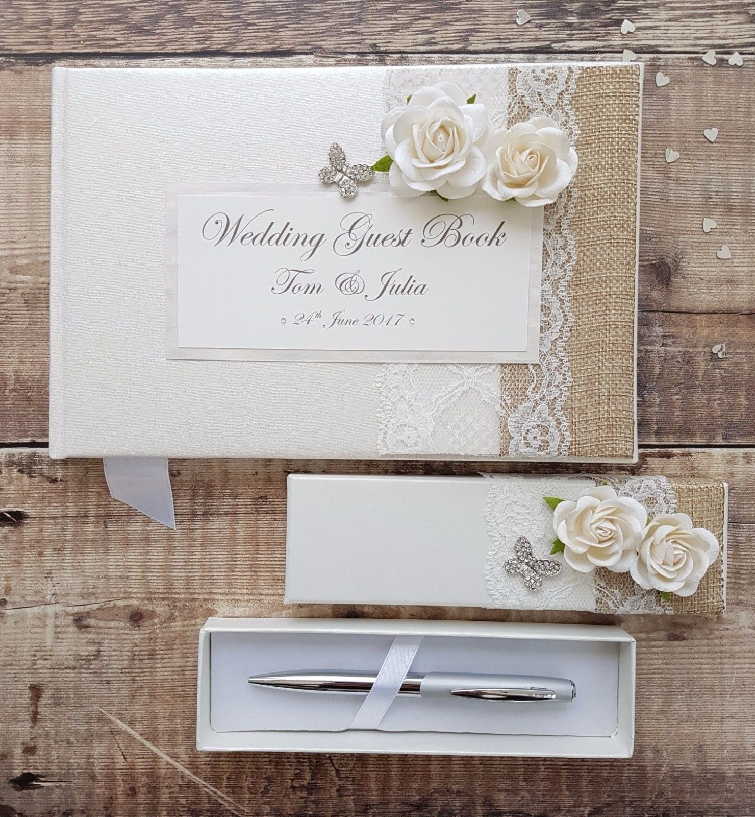 Handmade Wedding Guest Books
 Wedding Guest Book & Pen Set – Handmade Hessian Lace
