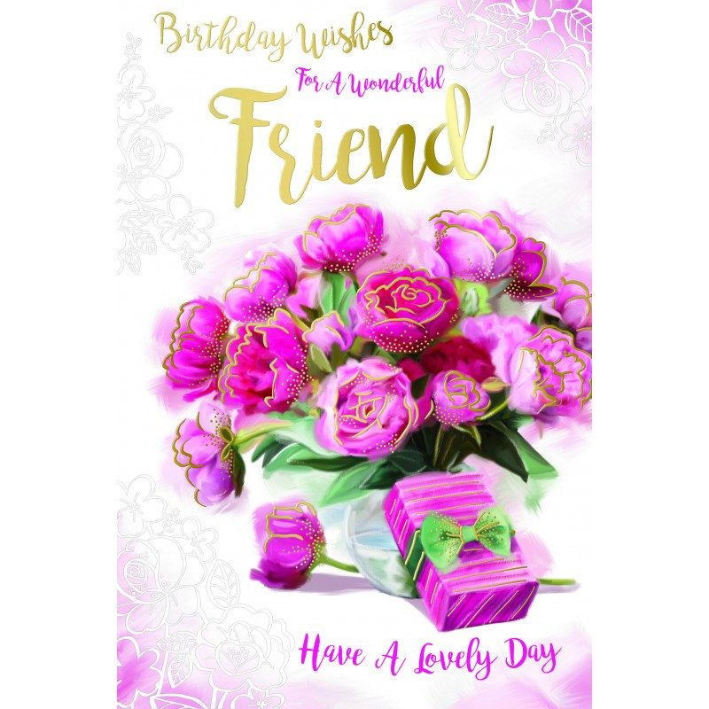 Happy Birthday Cards For A Friend
 Wonderful Friend Bright Flowers Ribbon Bow & Present