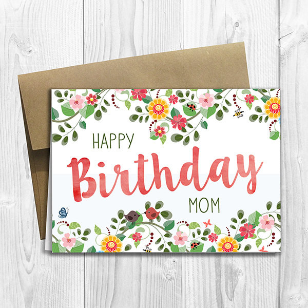 Happy Birthday Mom Cards
 PRINTED Floral Watercolor Happy Birthday Mom 5x7 Greeting Card
