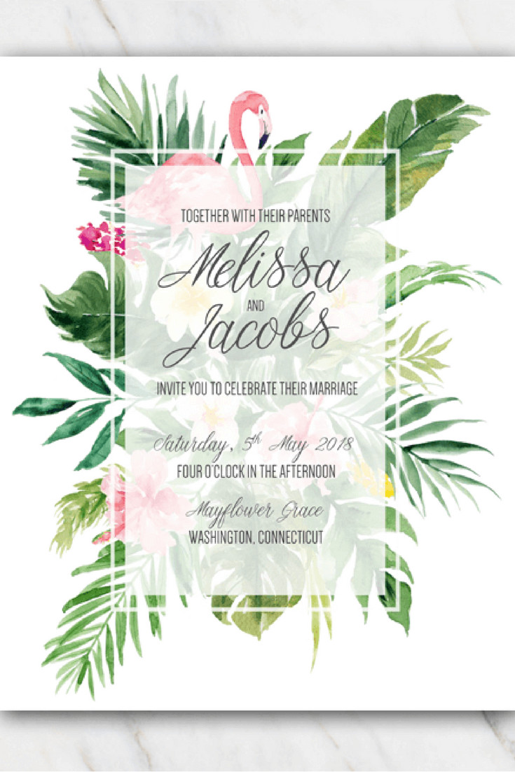 Hawaiian Themed Wedding Invitations
 Tropical flamingo wedding invitation template in 2019