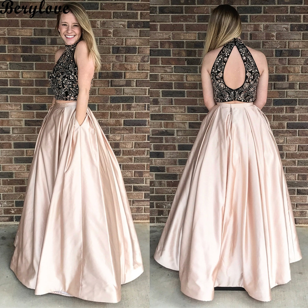 High Neck Prom Dress Hairstyles
 BeryLove Champagne 2 Two Pieces Evening Dresses 2018 High