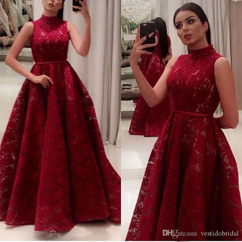 High Neck Prom Dress Hairstyles
 Dark Red Nigerian Lace Styles Prom Dress Long 2018 High