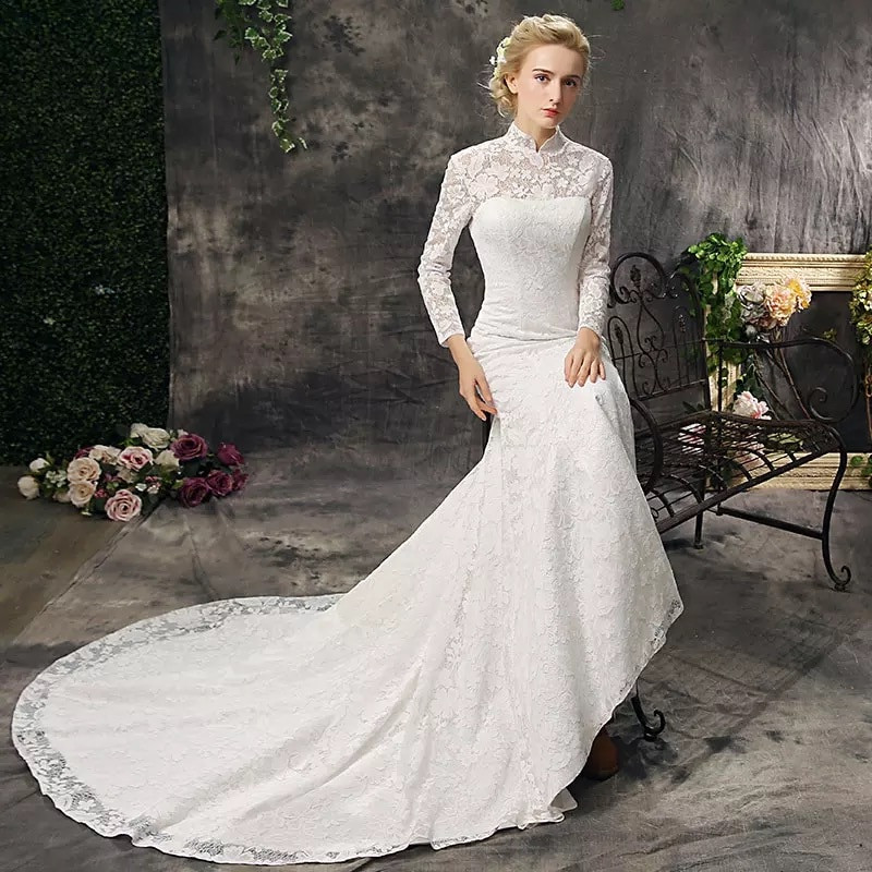 High Neck Wedding Gown
 Super elegant China Traditional High Neck Lace Mermaid