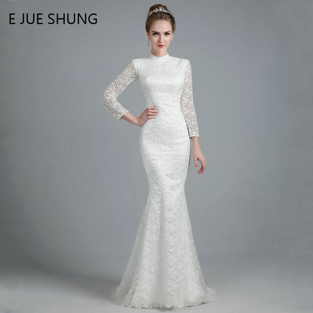 High Neck Wedding Gown
 E JUE SHUNG White Vintage Lace Mermaid Wedding Dresses