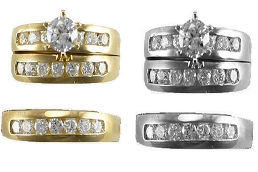 His And Hers Trio Wedding Ring Sets
 14k Yellow White Gold Trio Bridal Sets His and Hers