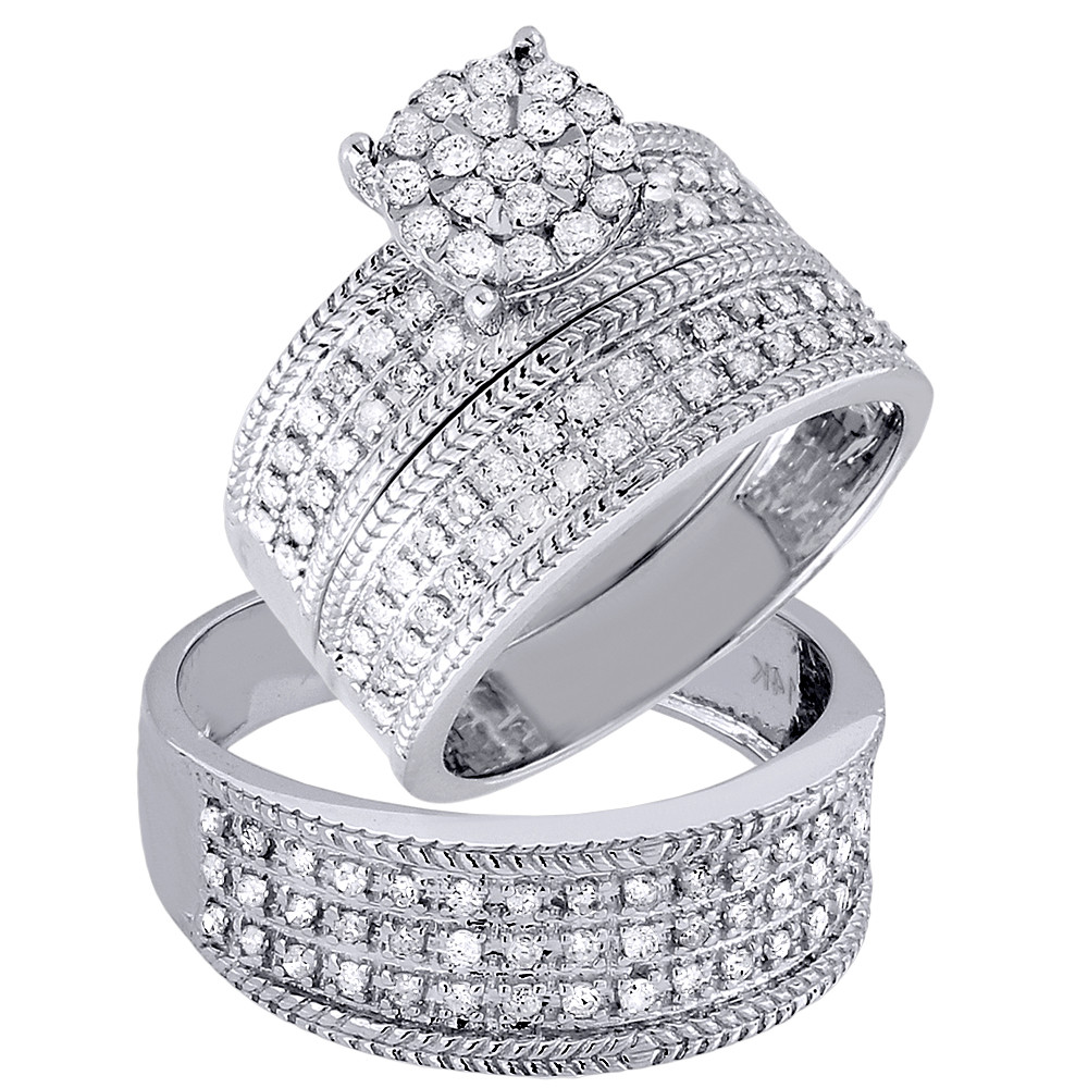 His And Hers Trio Wedding Ring Sets
 Diamond Trio Set Engagement Ring Wedding Band 14K White