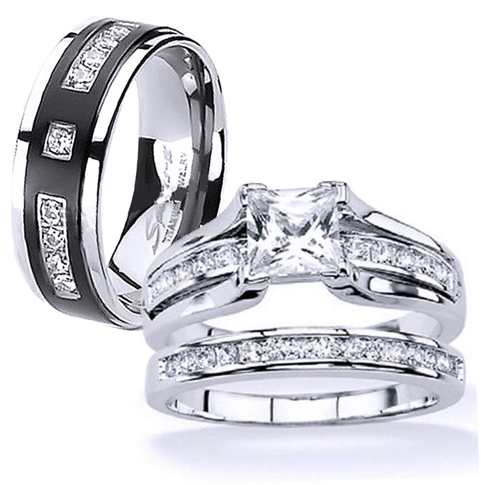 His And Hers Trio Wedding Ring Sets
 His and Hers Stainless Steel Princess Cut Wedding Ring Set
