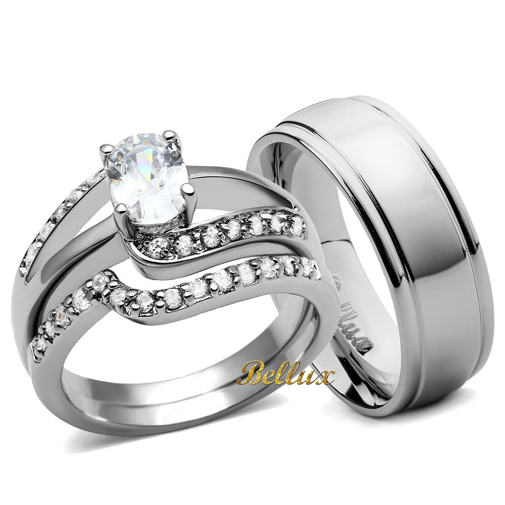 His And Hers Trio Wedding Ring Sets
 His and Hers Wedding Ring Sets Women s Oval CZ Rings Set