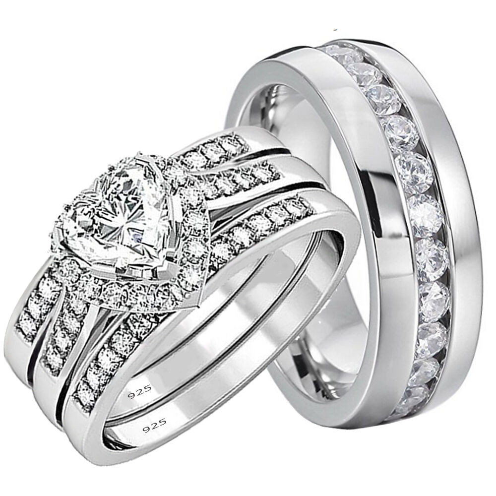 His And Hers Trio Wedding Ring Sets
 His and Hers Wedding Rings 4 pcs Engagement Sterling