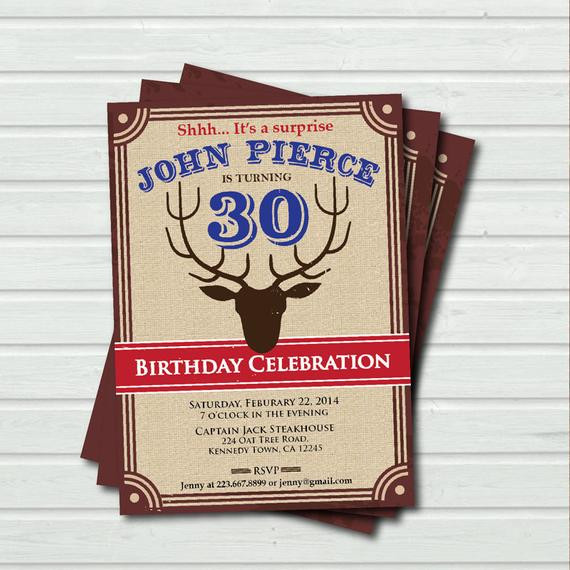 Hunting Birthday Invitations
 Surprise 30th birthday invitation Deer Antler hunting theme