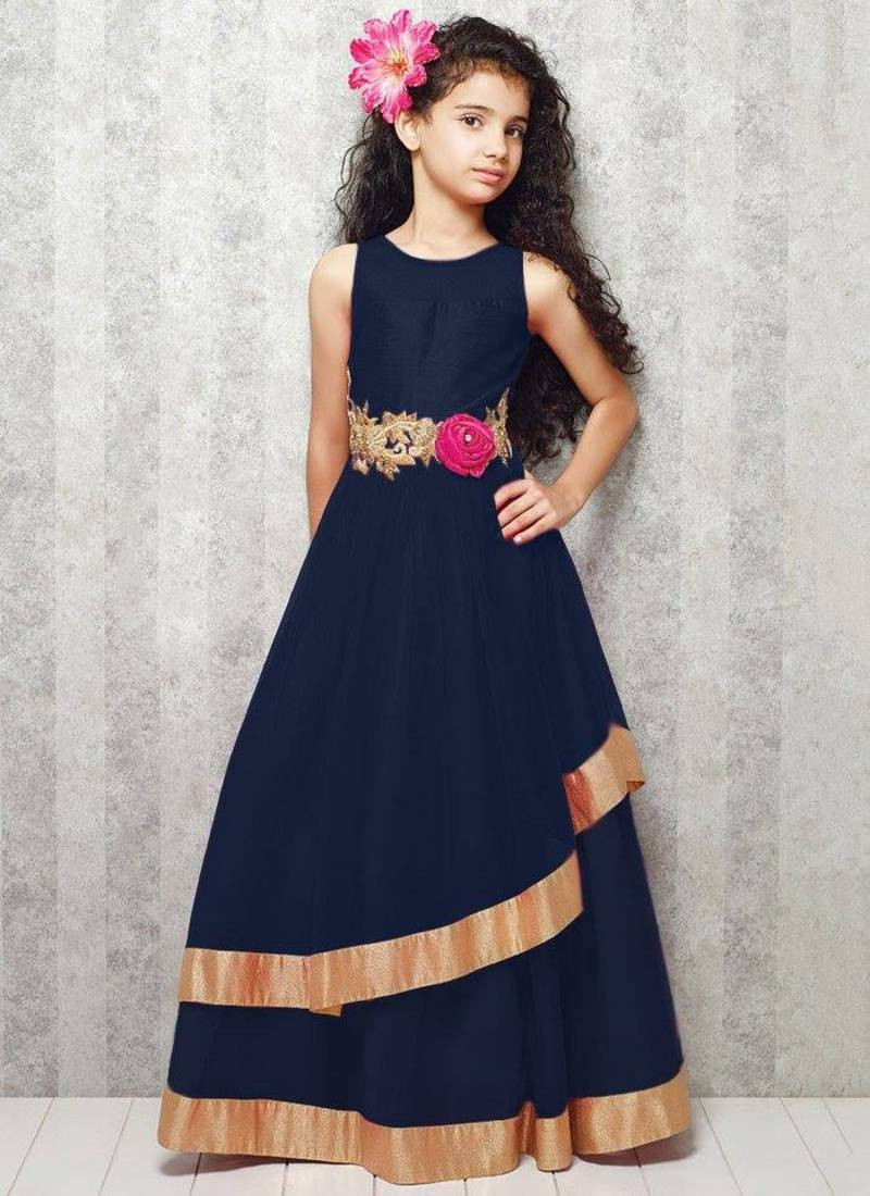 Indian Party Wear Dresses For Kids
 Buy blue satin designer embroidered partywear kids gown