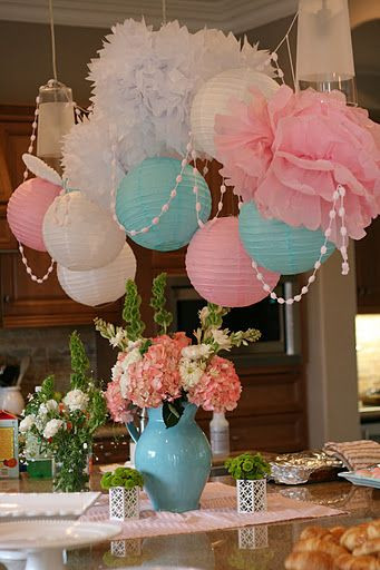 Inexpensive Gender Reveal Party Ideas
 tissue flowers and paper lanterns to make an inexpensive