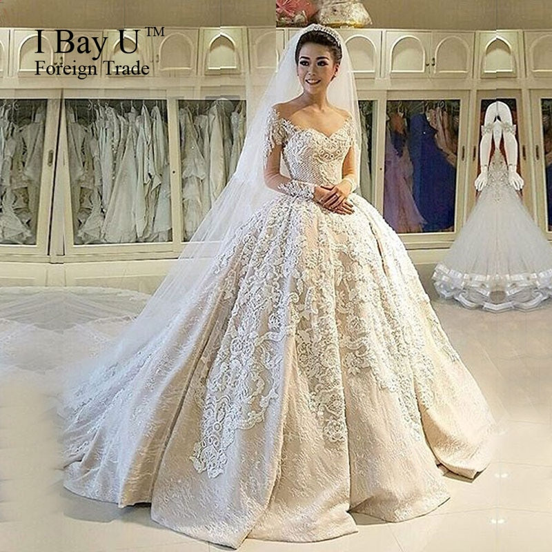 Islamic Wedding Dresses
 IBayU Luxury 3D Flower Lace Long Sleeve Muslim Wedding