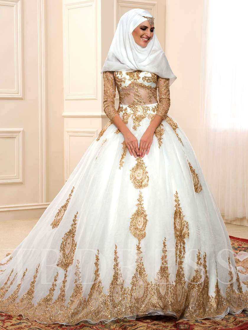 Islamic Wedding Dresses
 Sequined Appliques Ball Gown Muslim Wedding Dress