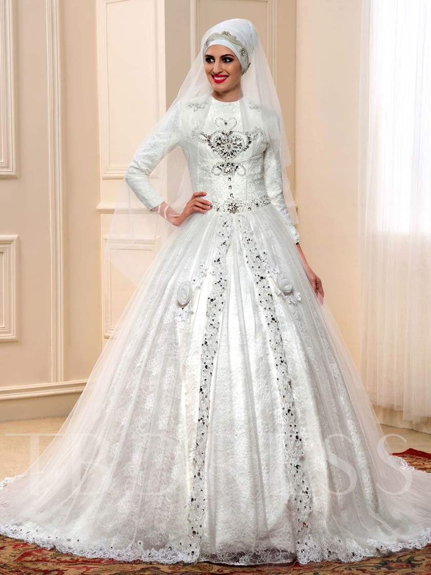 Islamic Wedding Dresses
 Sleeves Lace Chapel Train Muslim Wedding Dress Tbdress
