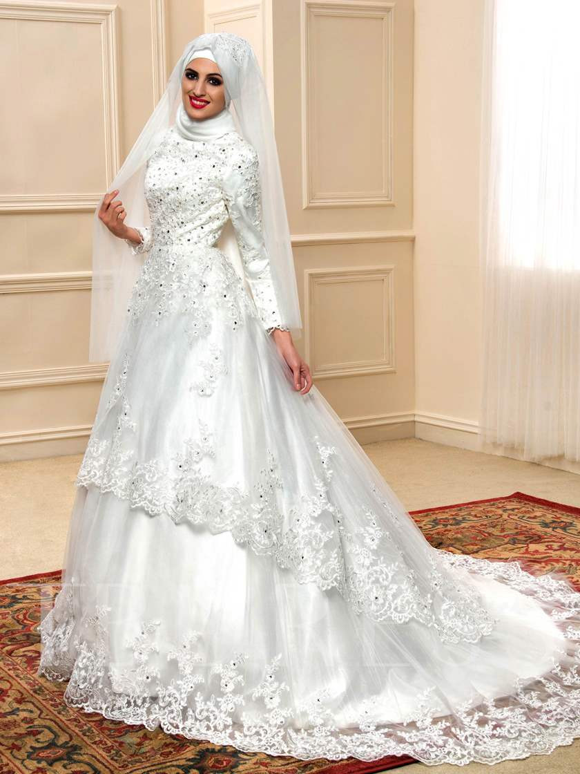 Islamic Wedding Dresses
 Long Sleeve Appliques Lace Chapel Muslim Wedding Dress