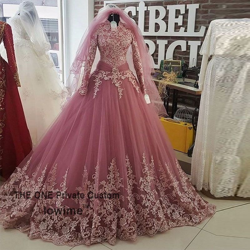 Islamic Wedding Dresses
 Pink Arabic Muslim Wedding Dress 2017 New Arrival Lace