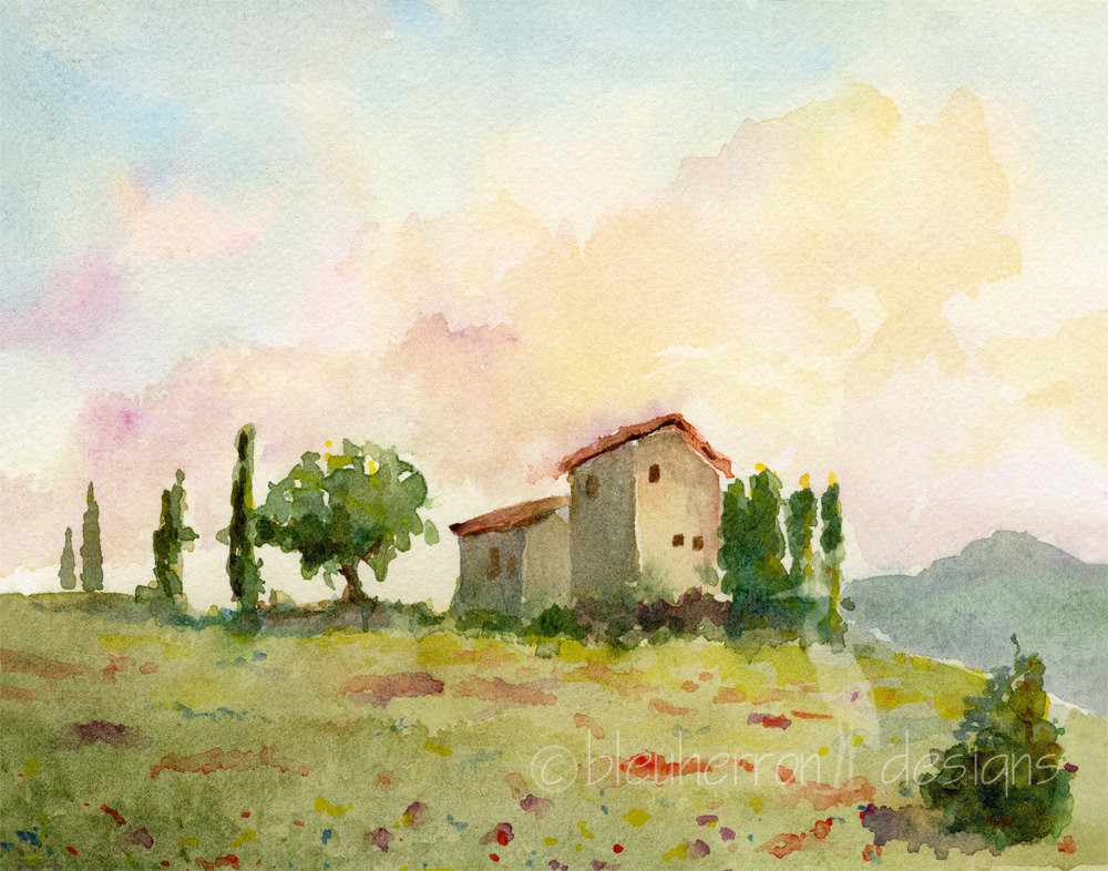 Italian Landscape Painting
 italian landscape Tuscan Spring watercolor print