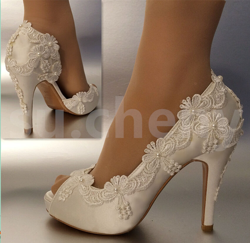 Ivory Lace Wedding Shoes
 3" 4" heel satin white ivory lace pearls open toe Wedding