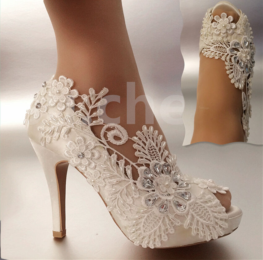 Ivory Lace Wedding Shoes
 3" 4" heel satin white ivory lace pearls open toe Wedding