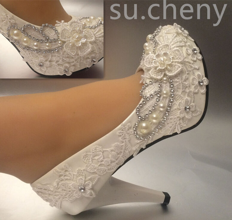 Ivory Lace Wedding Shoes
 3" 4 " heel white ivory lace crystal pearls Wedding shoes