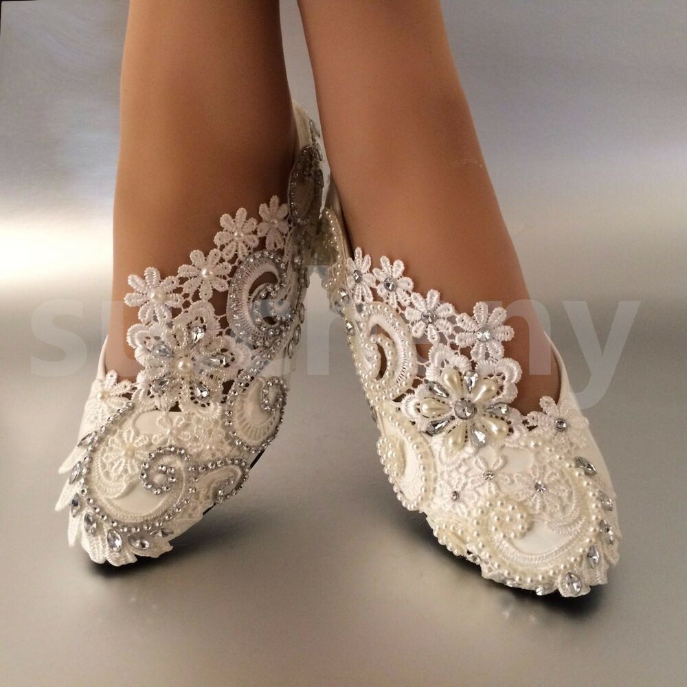 Ivory Lace Wedding Shoes
 White ivory pearls lace crystal Wedding shoes flat