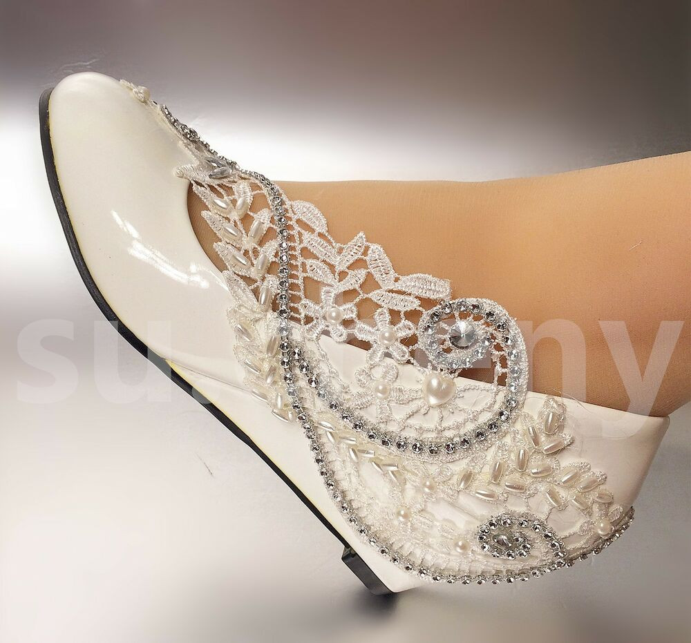 Ivory Lace Wedding Shoes
 2” 3“ White ivory wedges pearls lace crystal Wedding shoes