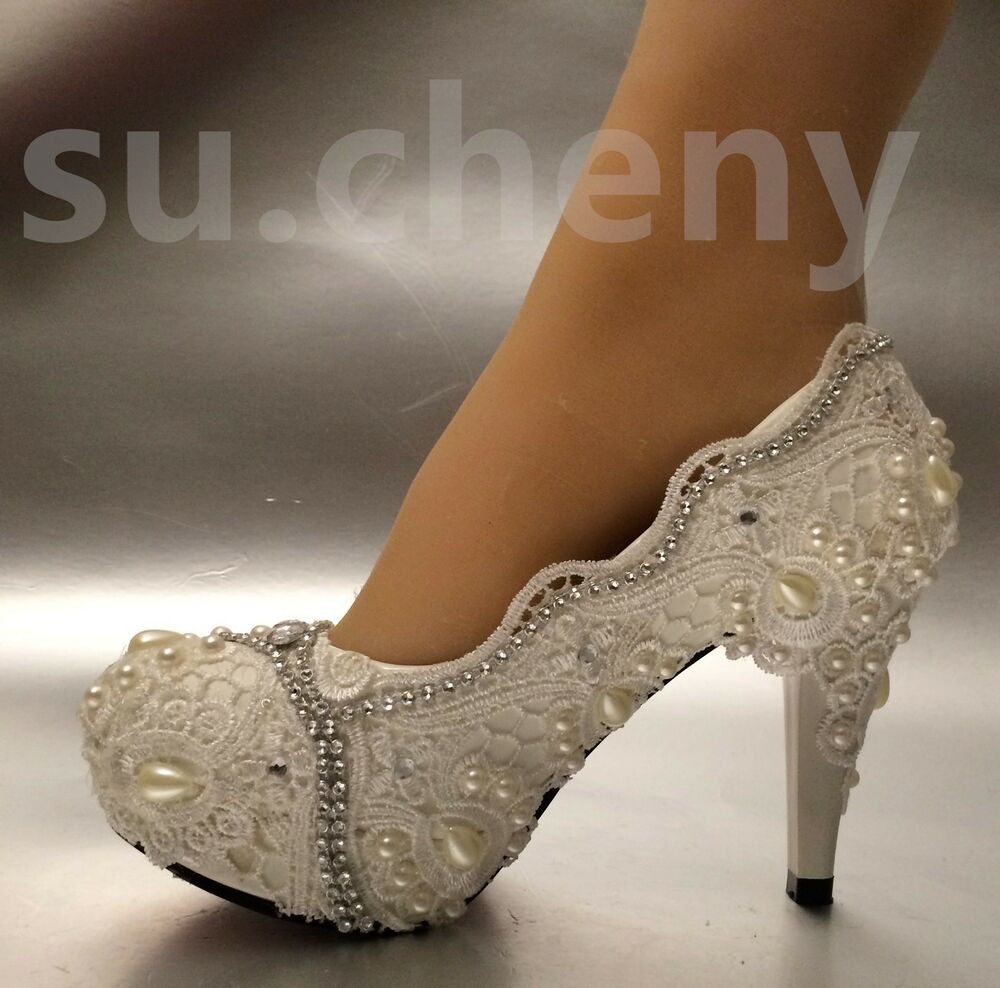 Ivory Lace Wedding Shoes
 3" 4" white ivory lace crystal pearl Wedding shoes