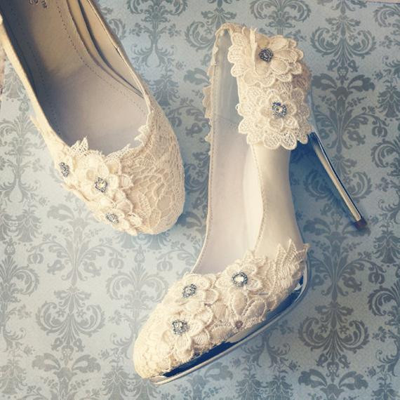 Ivory Lace Wedding Shoes
 SALE Ivory Vintage Lace Wedding Shoes with Crochet Flower