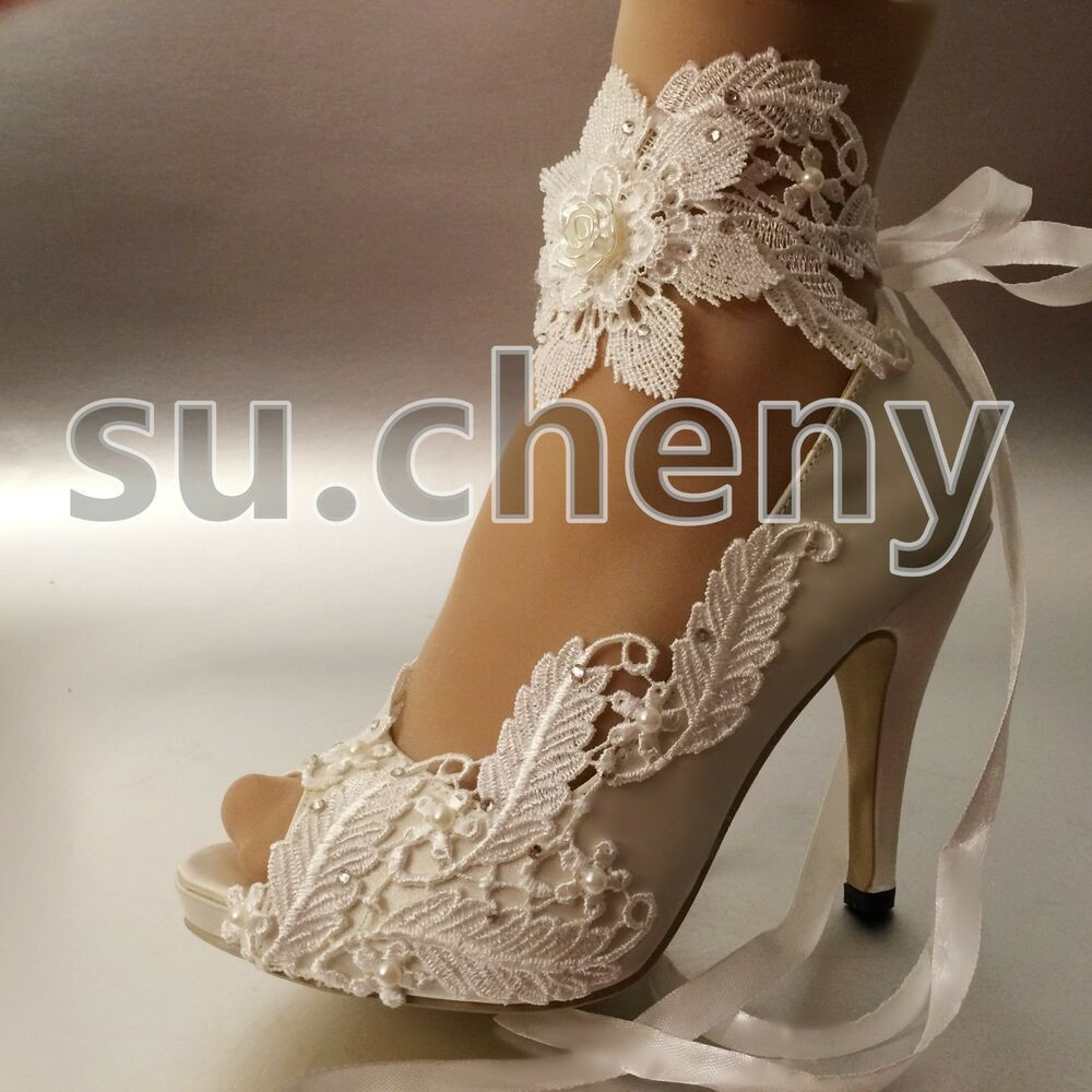 Ivory Lace Wedding Shoes
 3" 4” heel white ivory satin lace ribbon open toe Wedding