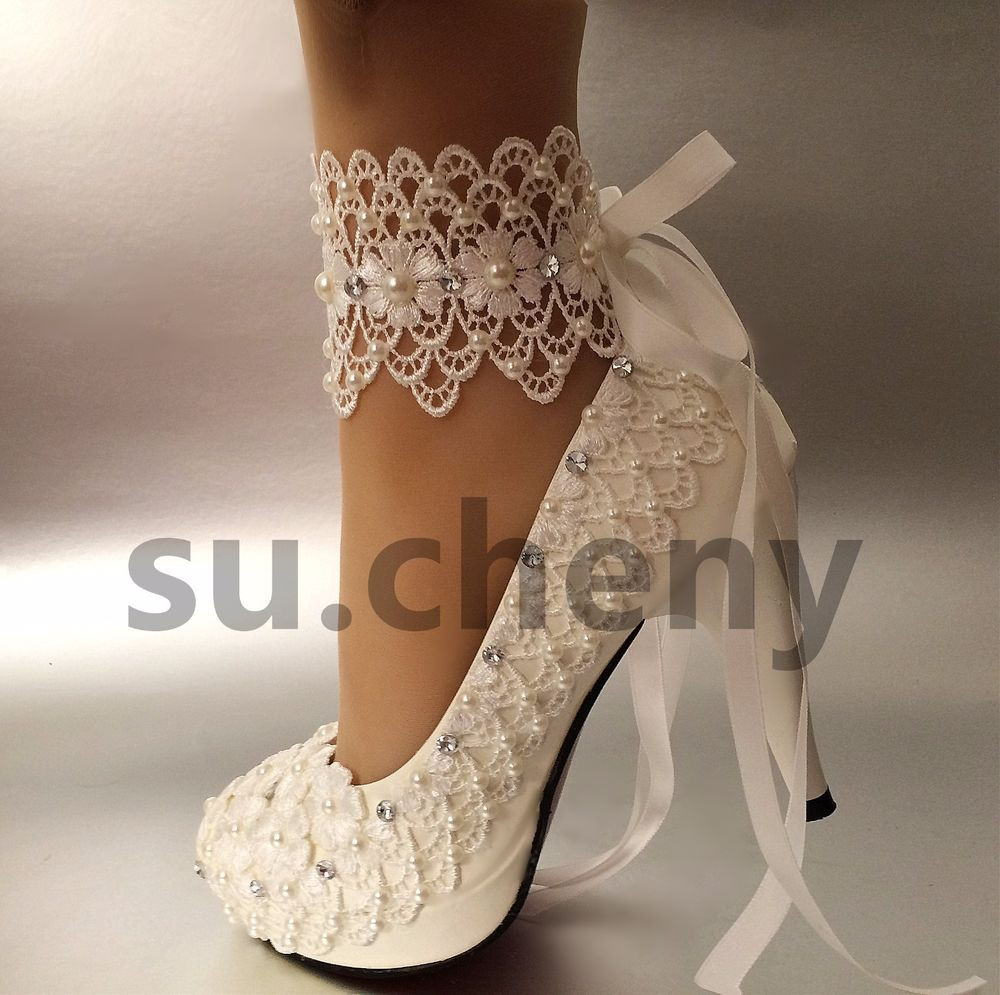 Ivory Shoes For Wedding
 3" 4 " heel white ivory lace ribbon ankle pearls Wedding