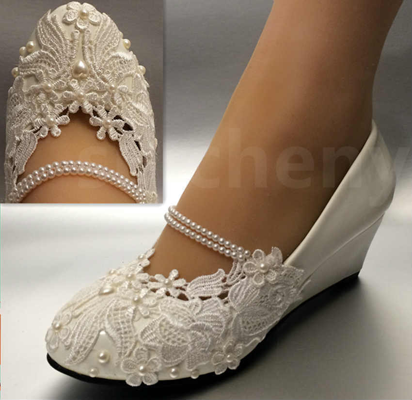 Ivory Shoes For Wedding
 White light ivory lace Wedding shoes flat low high heel