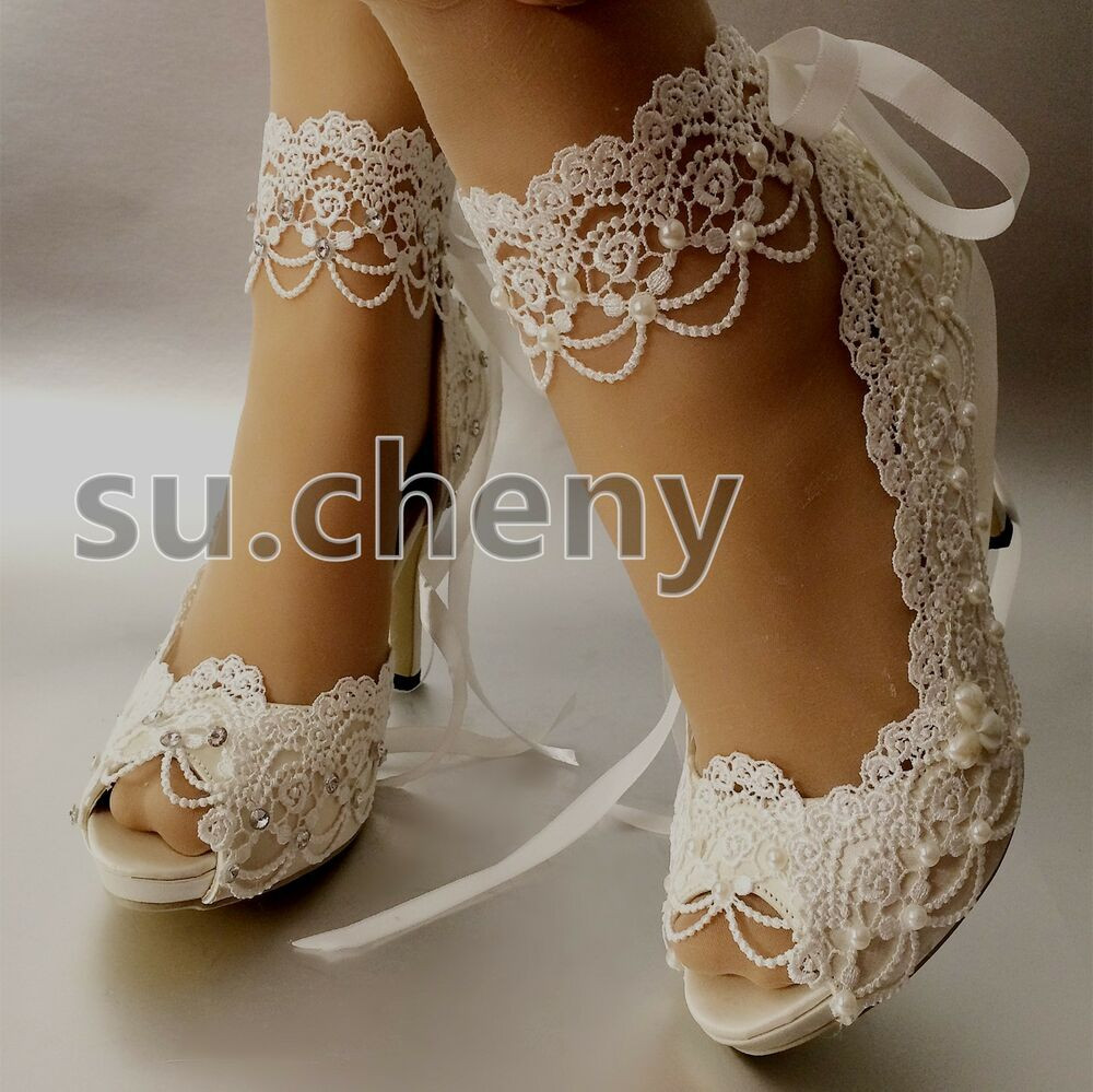 Ivory Shoes For Wedding
 3" 4” heel white ivory satin lace ribbon open toe Wedding