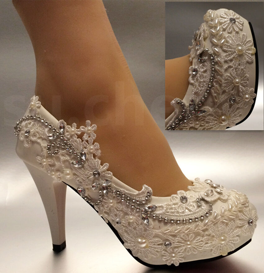 Ivory Shoes For Wedding
 3" 4" white light ivory lace crystal Wedding shoes Bridal