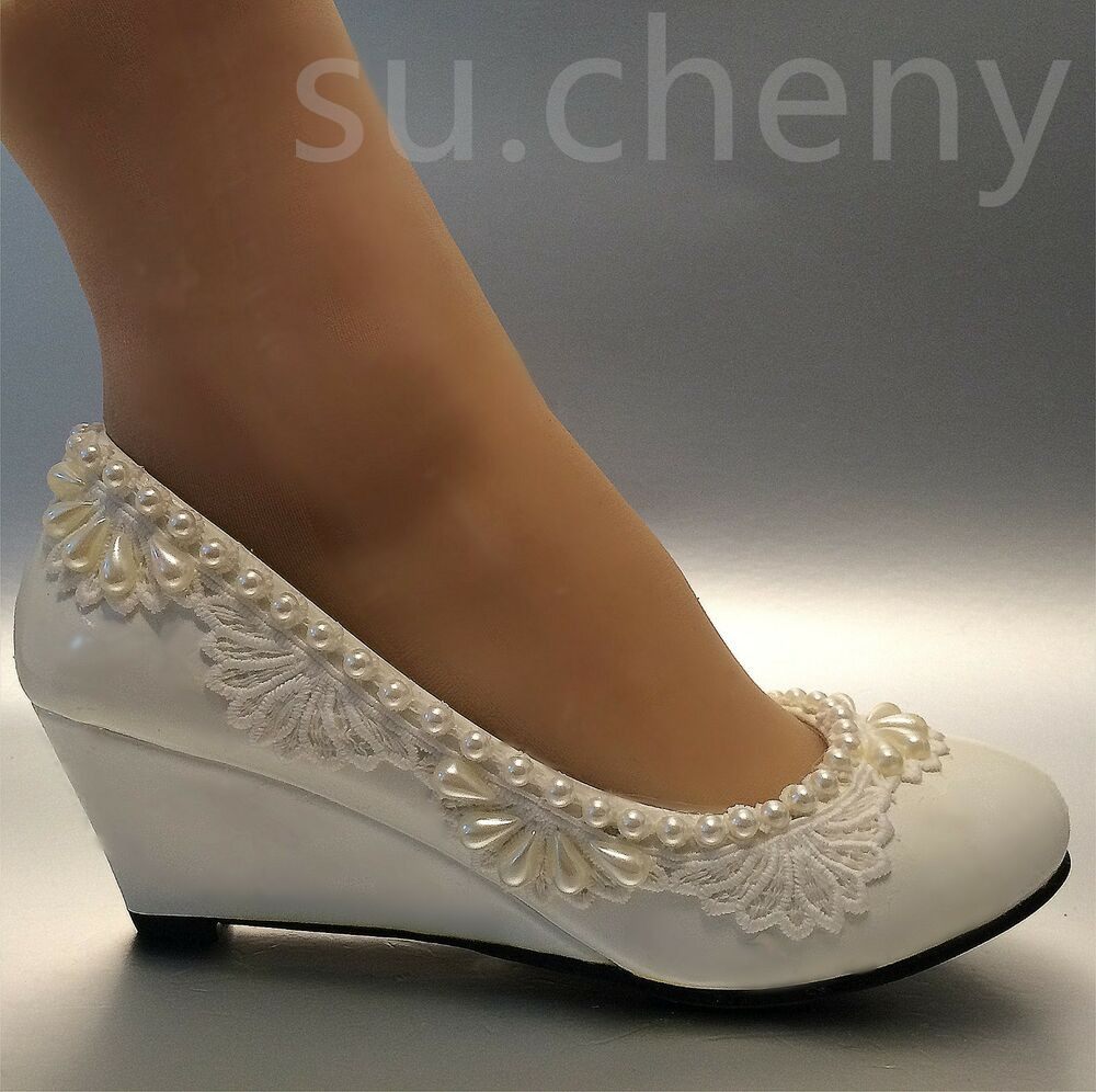 Ivory Shoes For Wedding
 2” heel wedges lace white light ivory pearl Wedding shoes