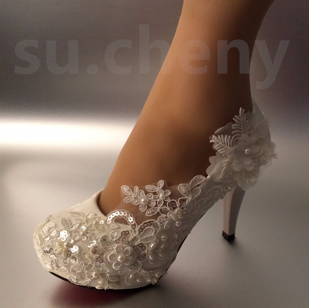 Ivory Wedding Shoes With Pearls
 sueny 3" 4 " heel white ivory lace pearls Wedding shoes