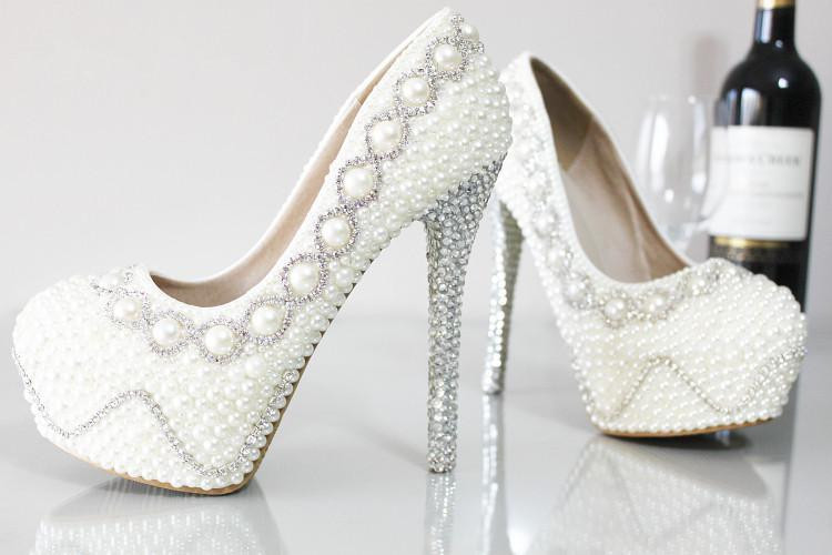 Ivory Wedding Shoes With Pearls
 Stunning Ivory Pearls Wedding Shoes Crystals Stiletto High