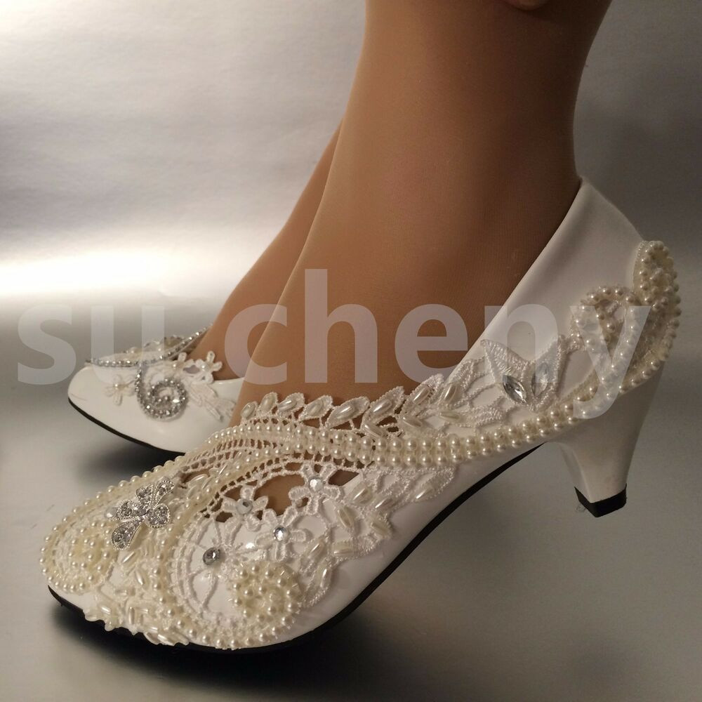 Ivory Wedding Shoes With Pearls
 2” low heel White ivory pearls lace crystal Wedding shoes