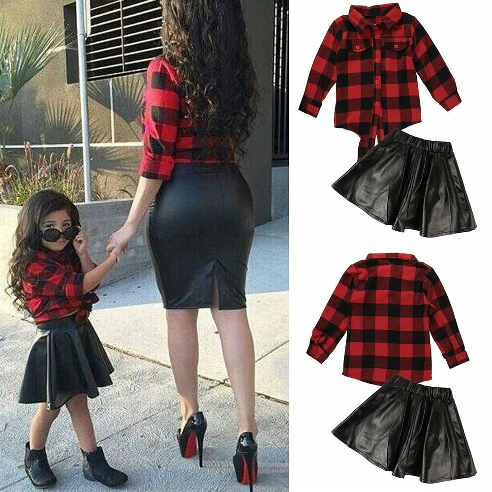 Kids Fashion Dresses
 2pcs Toddler Kids Baby Girls Plaid Shirt Leather Skirt